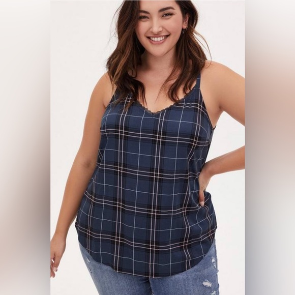 torrid Tops - Torrid Ava - Navy Plaid Challis Lace Trim Cami
